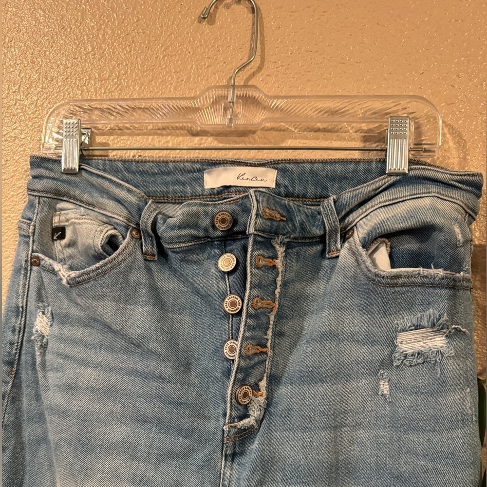 Kancan Women's Blue Distressed Denim Button Fly High Rise Mom Jean - Picture 3 of 7